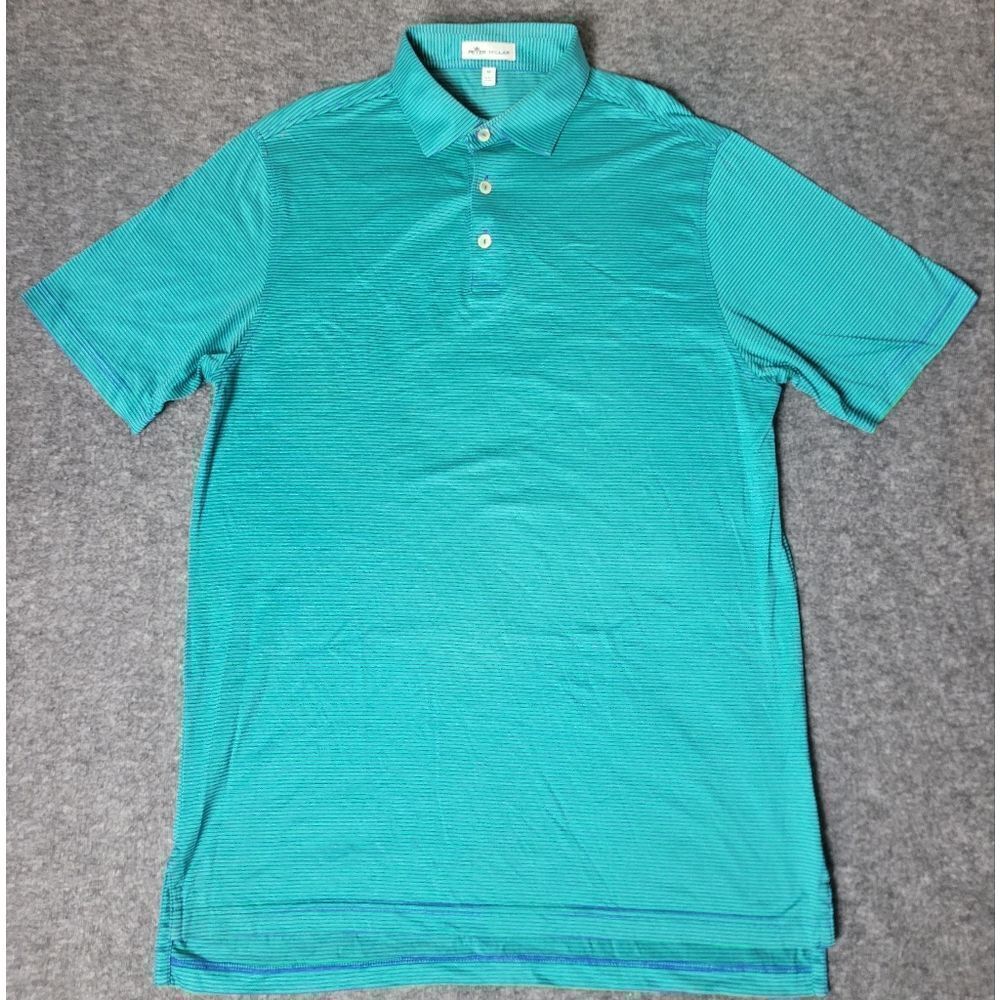 Peter Millar Mens Golf Polo Shirt Size M Green Navy Striped Short Sleeve Cotton
